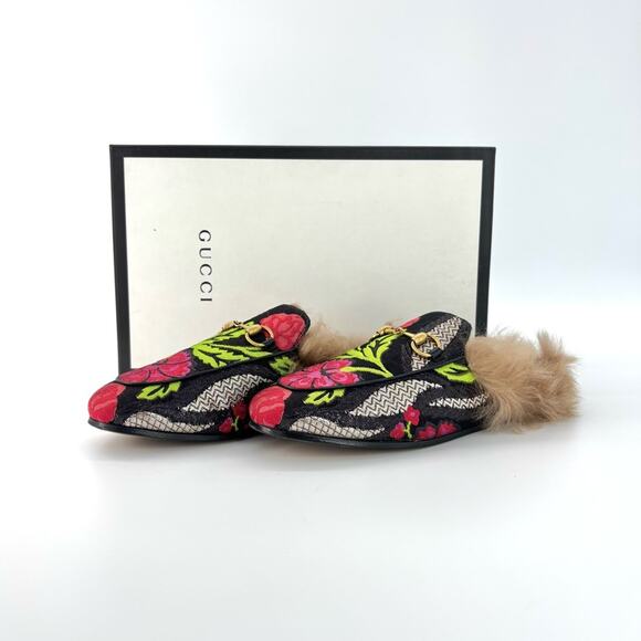 Gucci Tapestry Brocade Fur Lined Princetown Mules Slip On Flats 36.5 - Picture 2 of 7